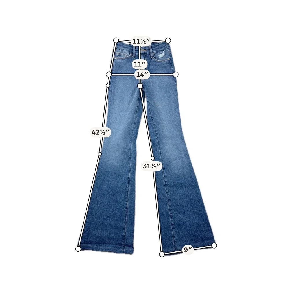 Good American Good Legs Flare Jeans Women 0/25 Blue Mid Rise Distressed NWT